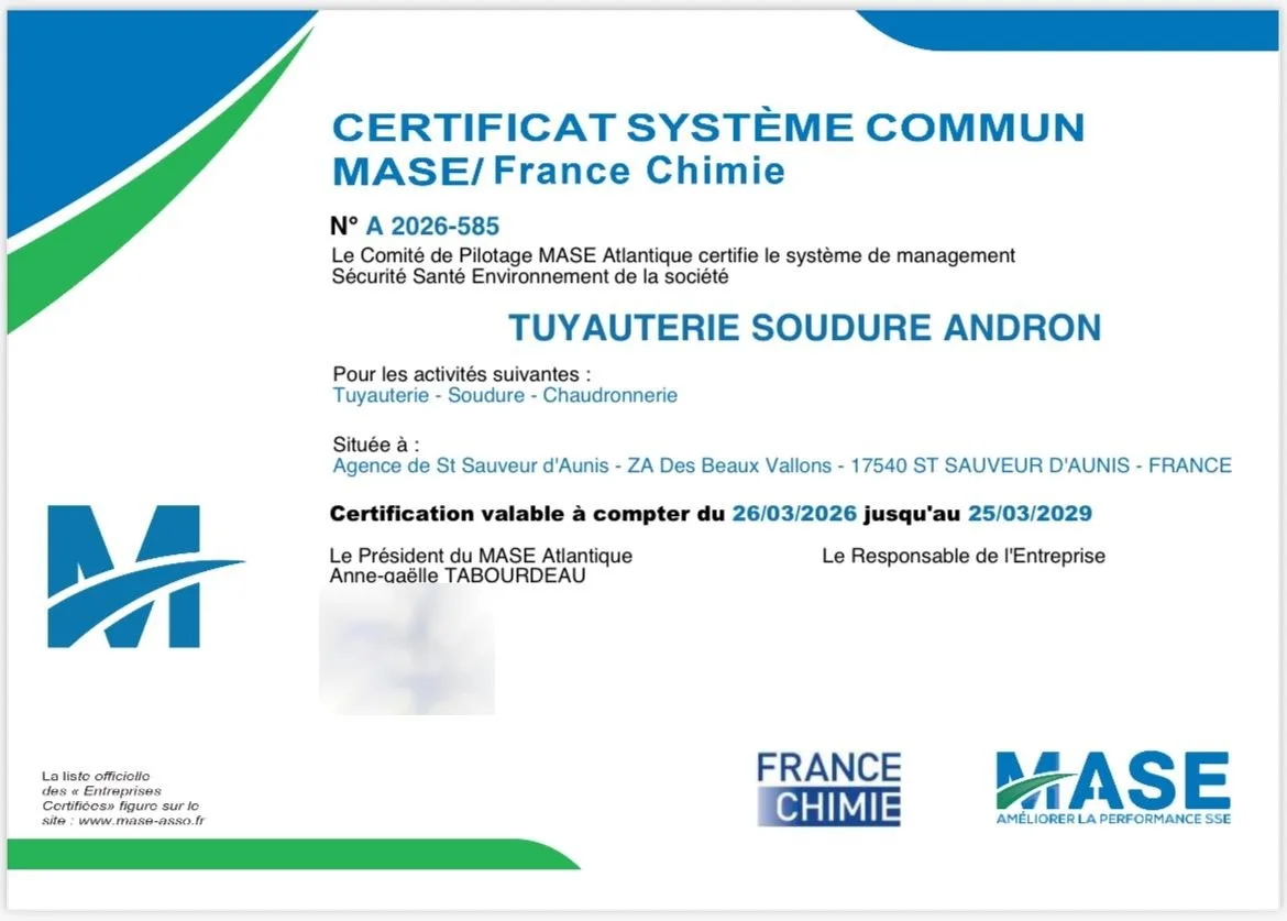 Certificat MASE / France Chimie de TSA, valable jusqu’au 25/03/2029
